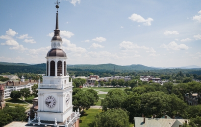 An aerial shot of Baker Tower in summer