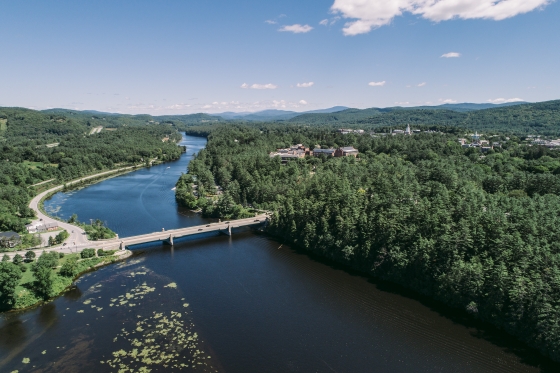 Connecticut River and Ledyard Bridge from above in summertime
