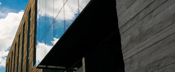 Sky reflected in the glass of the BVAC building