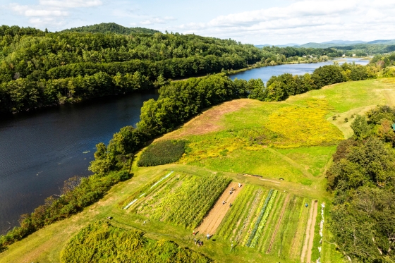 Aerial view of the Dartmouth organic farm and Connecticut River