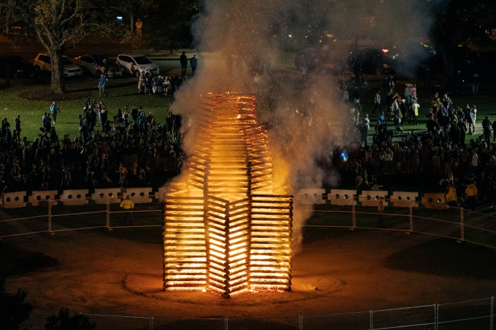 A view of the bonfire from Baker Tower.