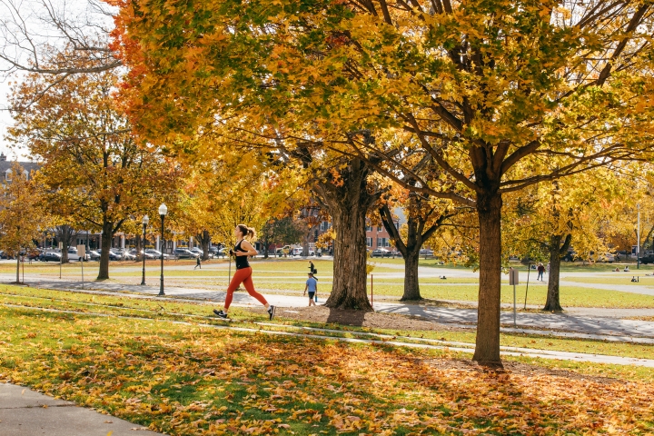 Woman running through the green on a sunny fall day.