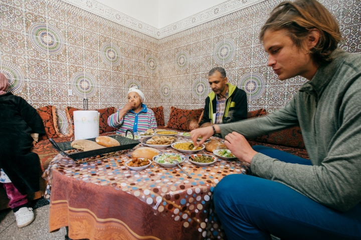 Morocco, Fes Host Family Visits Far right: Jonas Stakeliunas ’20, From a spring 2018 FSP in Morocco. The program was led by Diederick Vandewalle, a professor of government.