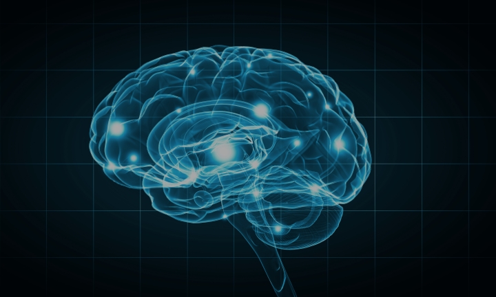 Neon blue brain on a black background