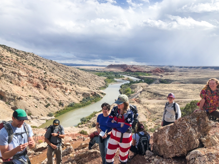 Assistant Professor Justin Strauss leads students on a tour of the geological formations of Sheep Mountain Canyon in Wyoming’s Bighorn Basin.