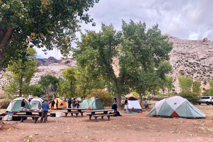 Stretchies' tents are set up in the Split Mountain Campground in Dinosaur National Monument.