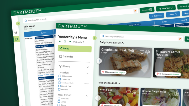 Screen shots of new Dining Services web pages