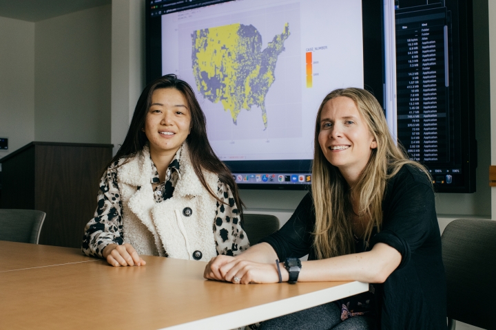 Helen Ma '23, and Rebecca Ann Johnson, assistant professor of quantitative social science, talking about their Department of Labor data project.
