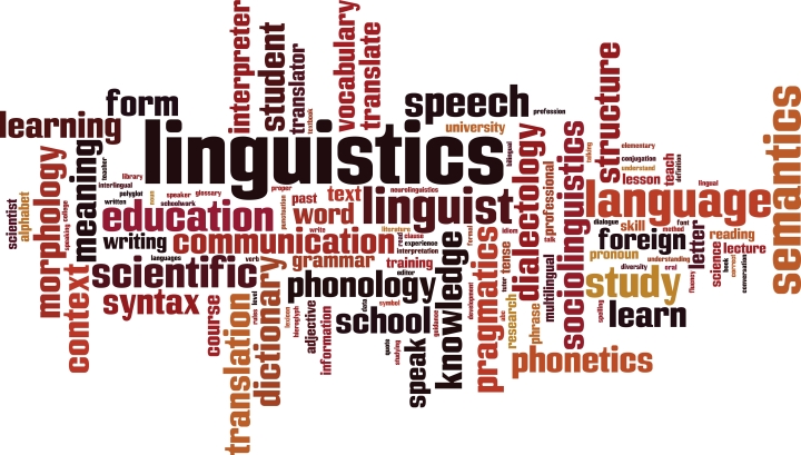 Graphic made up of words relating to linguistics, "education", "language", etc.