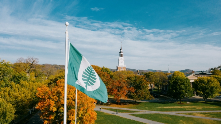 Dartmouth flag and Baker tower during fall