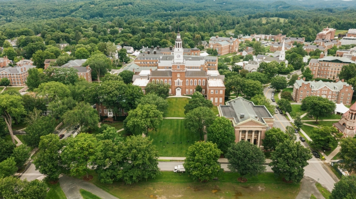 Aerial view of campus in summer