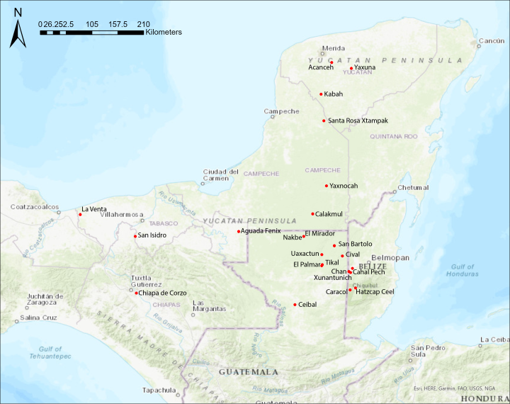 Map of Maya lowlands in eastern Mesoamerica located in what is now Mexico, Belize, and Guatemala.
