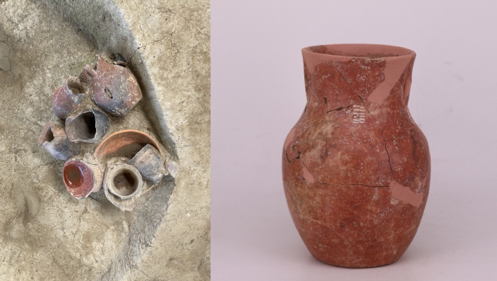 Left: Painted pottery vessels for serving drinks and food. Right: Long-necked Hu vessel