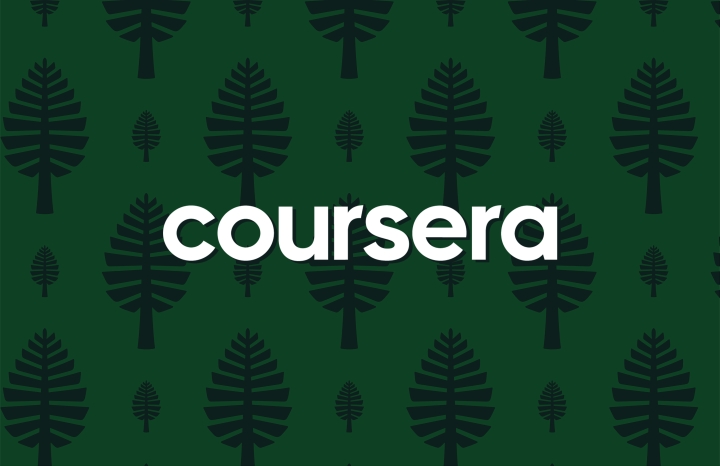 White word Coursera on a dark green lone pine pattern