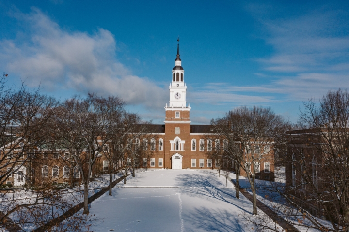 Baker-Berry Library and Baker Lawn with snow cover.