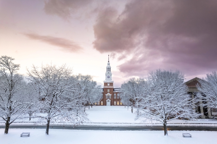 Baker Berry library framed by snowy trees