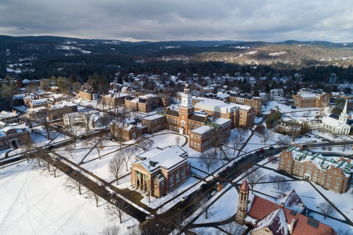 Aerial photo of Dartmouth campus in winter