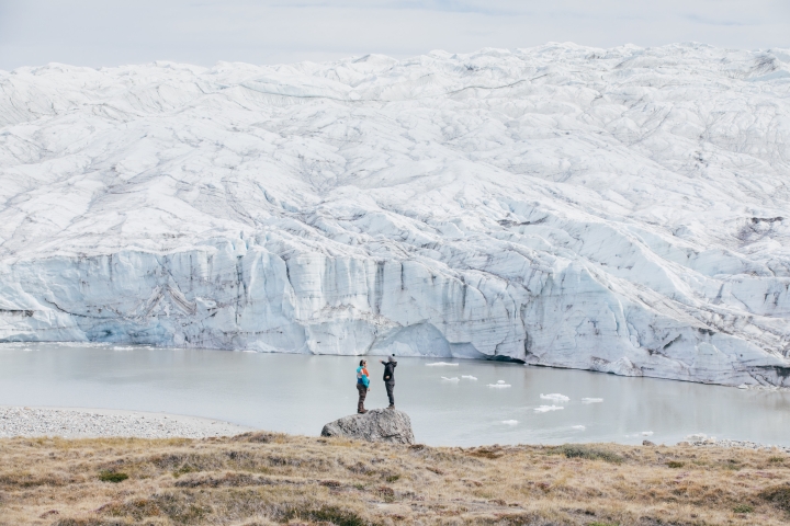 Alex Stendahl ’19, and Reyn Hutten ’21 look out over Greenland’s vast ice sheet.