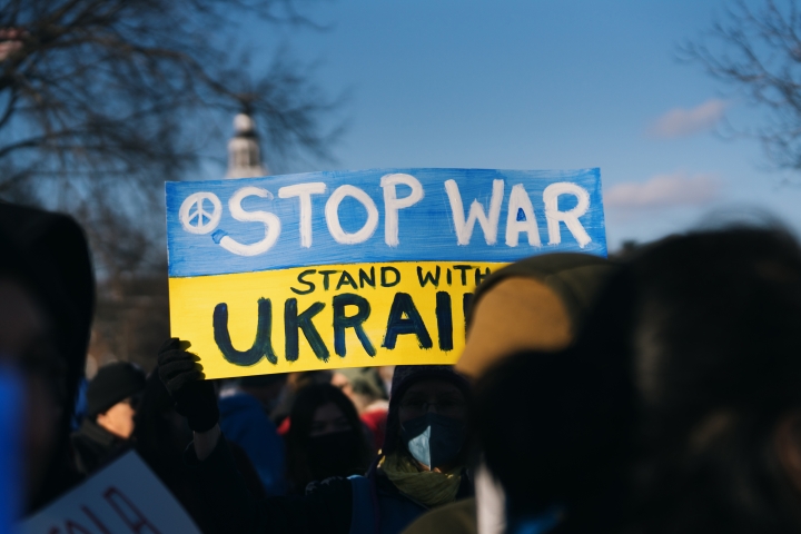 Sign that reads "Stop War: Stand With Ukraine"