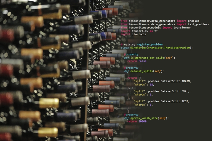 Image of wine bottle and computer code.