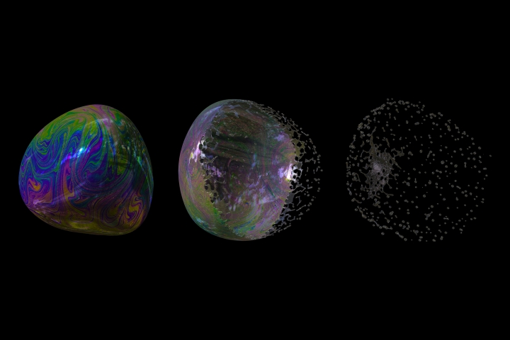 Frames from different stages of a video animation simulating a bubble bursting into droplets.