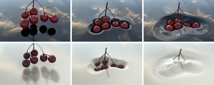 Modeled cherries falling into water and milk