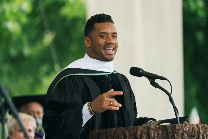 Russell Wilson giving his 2022 Commencement speech