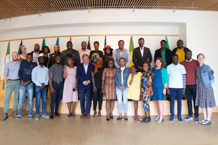Fellows with the Young African Leadership Initiative and staff with the John Sloan Dickey Center for International Understanding at the Russo Gallery in the Haldeman Center last week.