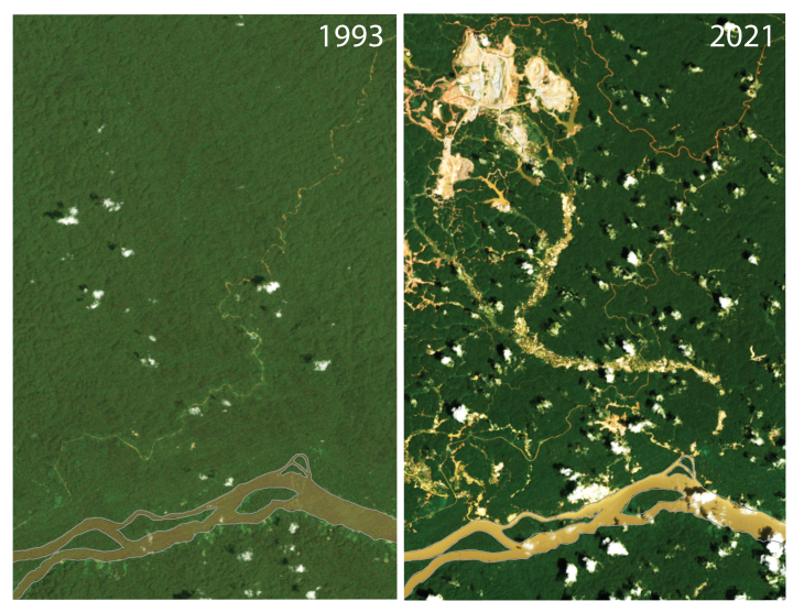 Maroni river aerials showing 1993 image and 2021 image