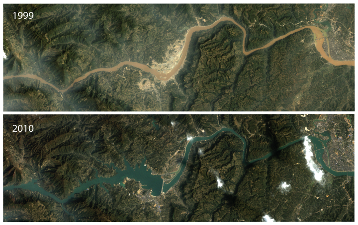 Aerial of Three Gorges Dam in 1999 versus 2010