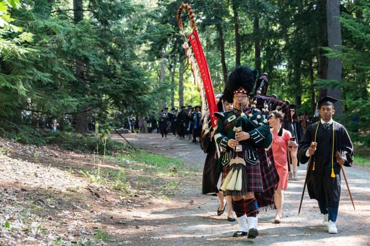 Bagpiper leads the Class of 2020 to the Green at Dartmouth