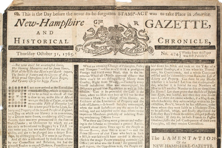 Historical copy of the New Hampshire Gazette from 1765