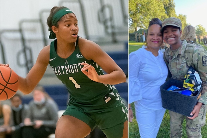 Karina Mitchell playing basketball, and Karina in uniform with her mother 