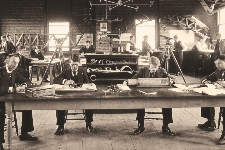 Students in the 1800s in the engineering drawing room