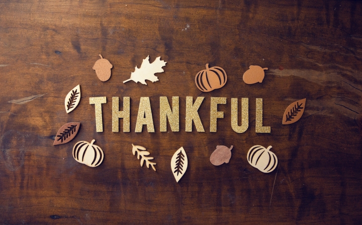 Thankful spelled out with acorns and leaves around it