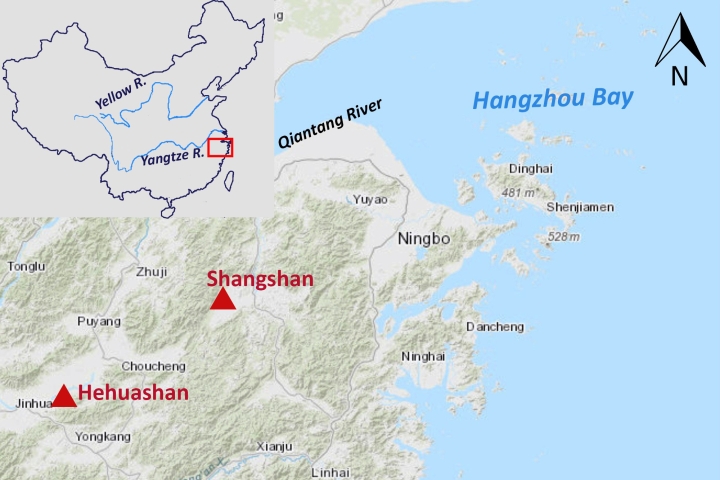 Map of China highlighting Shangshan and Hehusashan sites