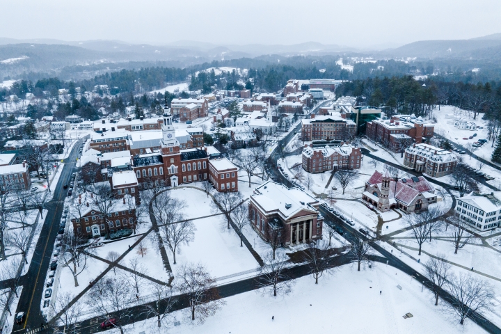 Aerial photo of snowy Dartmouth campus