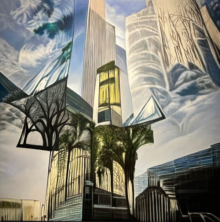 Flanagan's oil painting depicts buildings being taken over by trees