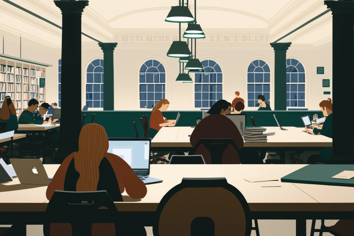 Illustration of Baker Library interior with students studying