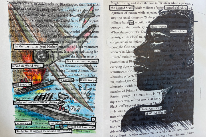 Printed story with art overlayed and words outlined in black