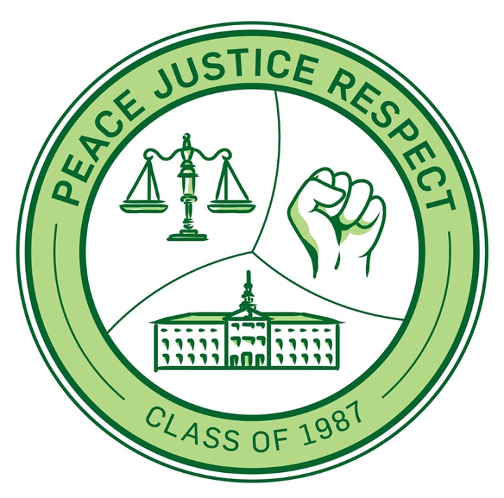 Shield that reads &quot;Peace, Justice, Respect&quot; and &quot;Class of 1987&quot;