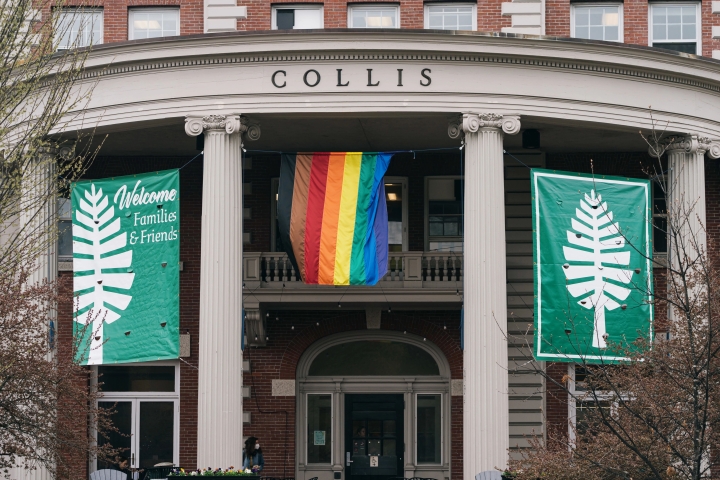 Rainbow flag hangs from the Collis porch