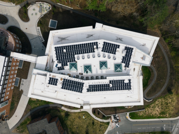 Aerial view of solar panels on the roof of the Class of 1982 Engineering and Computer Science Center.