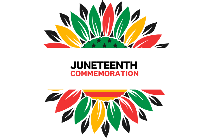 Green, yellow, and red flower graphic reading Juneteenth Commemoration