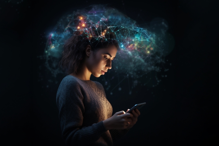 Young woman holding a cell phone with a 'digital cloud' overhead