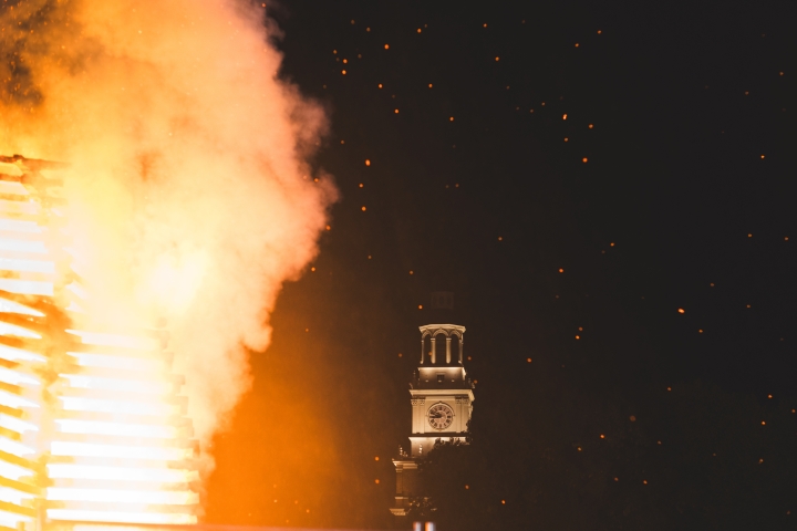 Baker Tower during the bonfire