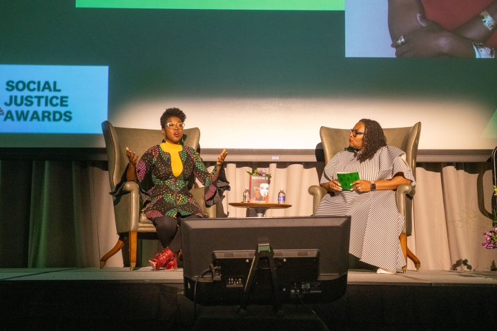 Joy Buolamwini and Shontay Delalue at the Social Justice Awards ceremony.