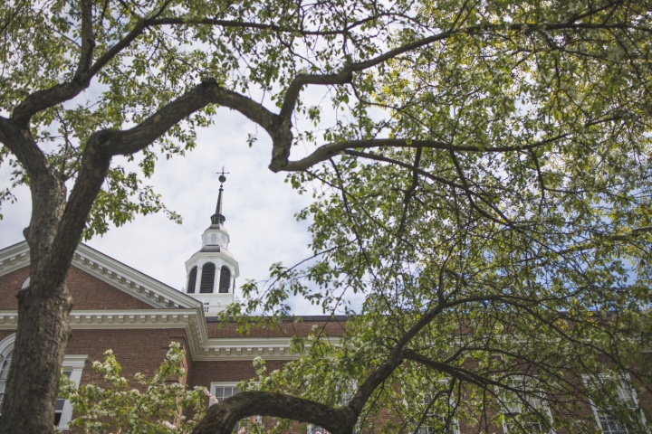 Baker Tower framed by trees