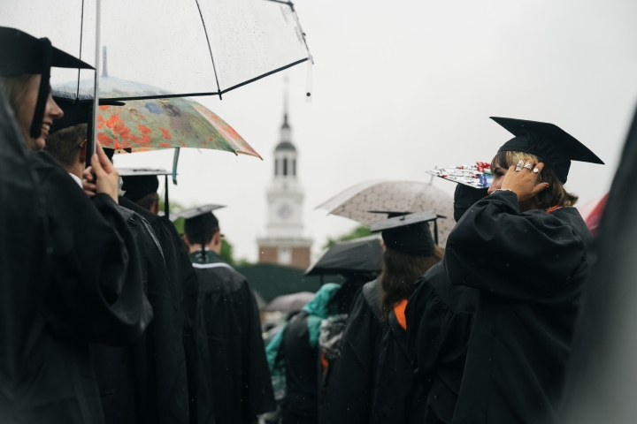 The graduates and baker tower in the rain