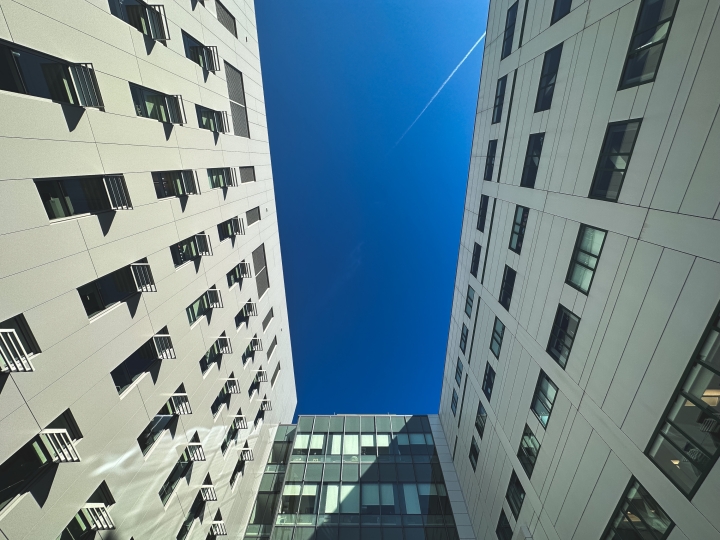 Looking up at the sky the between Williamson Translational Research Building